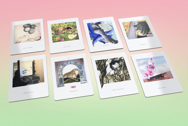 May include: A collection of eight white rectangular cards, each featuring a unique artistic image. The images include surreal collages with flowers, figures, and abstract elements. The cards are arranged on a gradient pink and green background.
