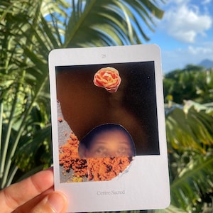 May include: A tarot card with a torn edge, featuring a rose and a partial face. The card has the number 28 at the top and the words "Centre Sacred" at the bottom. The background includes palm leaves and a blue sky.