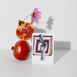 May include: A still life arrangement featuring a whole pomegranate and a halved pomegranate with visible seeds. A pink flower and a card with a hand-holding image are also present. The card has the text "Thought Tapestry".