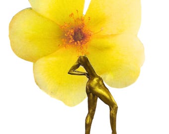 May include: A surreal collage featuring a large yellow flower with a golden figure in a pose. Additional elements include an eye, a diamond, and a crystal, all set against a white background.