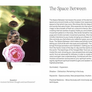 May include: A tarot card titled "The Space Between" featuring a collage of eyes, a pink rose, and a green and yellow background. The card includes text about inner expansion, intuition, and spiritual breakthroughs.