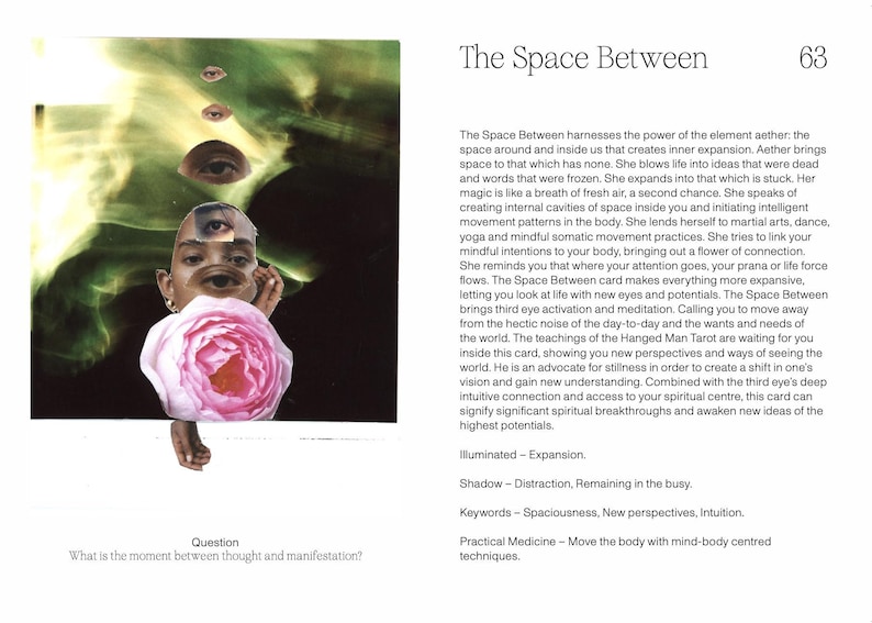 May include: A tarot card titled "The Space Between" featuring a collage of eyes, a pink rose, and a green and yellow background. The card includes text about inner expansion, intuition, and spiritual breakthroughs.