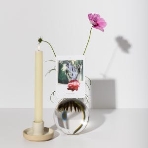 May include: A still life arrangement featuring a lit cream-colored candle in a beige holder, a clear glass orb with a plant inside, a pink flower, and a small framed image. The image has a surreal design with hands and a red flower.