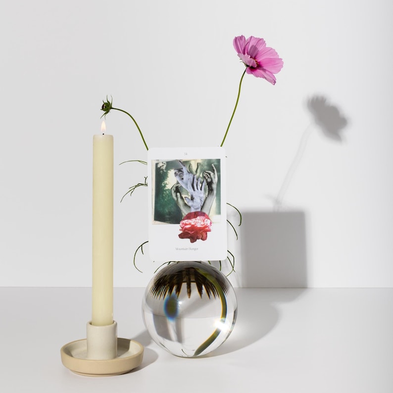 May include: A still life arrangement featuring a lit cream-colored candle in a beige holder, a clear glass orb with a plant inside, a pink flower, and a small framed image. The image has a surreal design with hands and a red flower.