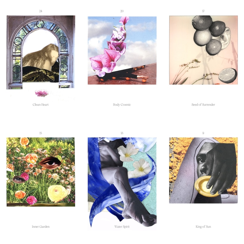 May include: A collage of six artistic compositions. Each square features a unique arrangement of images and text. The themes include floral elements, human figures, and surreal imagery. The text includes phrases like "Clean Heart" and "King of Sun".