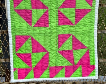 Handsewn Cotton Quilt, Pink and Green Wall Decor (24x20 inches)