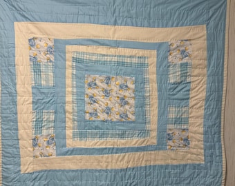 Handcrafted Baby Boy Quilt, Blue White Cotton Tapestry (41x45)