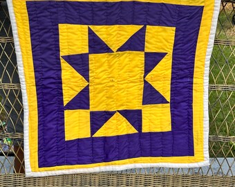 Handsewn Cotton Wall Quilt, Purple & Yellow Star Tapestry