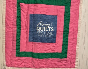 Handcrafted Cotton Wall Quilt, Pink & Green Tapestry Quilt (19x18)
