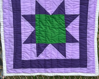 Handsewn Cotton Star Quilt, Purple Green Wall Hanger (21x21 in)