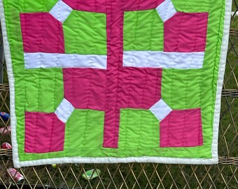Handsewn Cotton Wall Quilt, Pink and Green Tapestry (21x20 inches)
