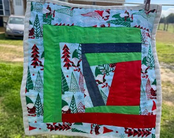 Handcrafted Christmas Gnome Trees Quilt (13x13) Gee's Bend Style Tapestry