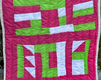 Handsewn Cotton Wall Quilt, Pink & Green, Tapestry Decor