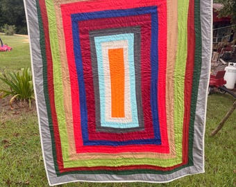 Handsewn Cotton Gee's Bend Quilt, Handstitched Home Decor (70x54)