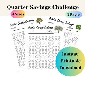 Puede incluir: Plantilla de desafío de ahorro trimestral imprimible con tres páginas. El rastreador tiene un objetivo de $ 1669.875 y presenta una ilustración de árbol. El texto "Descarga instantánea imprimible" está en un círculo amarillo y azul.