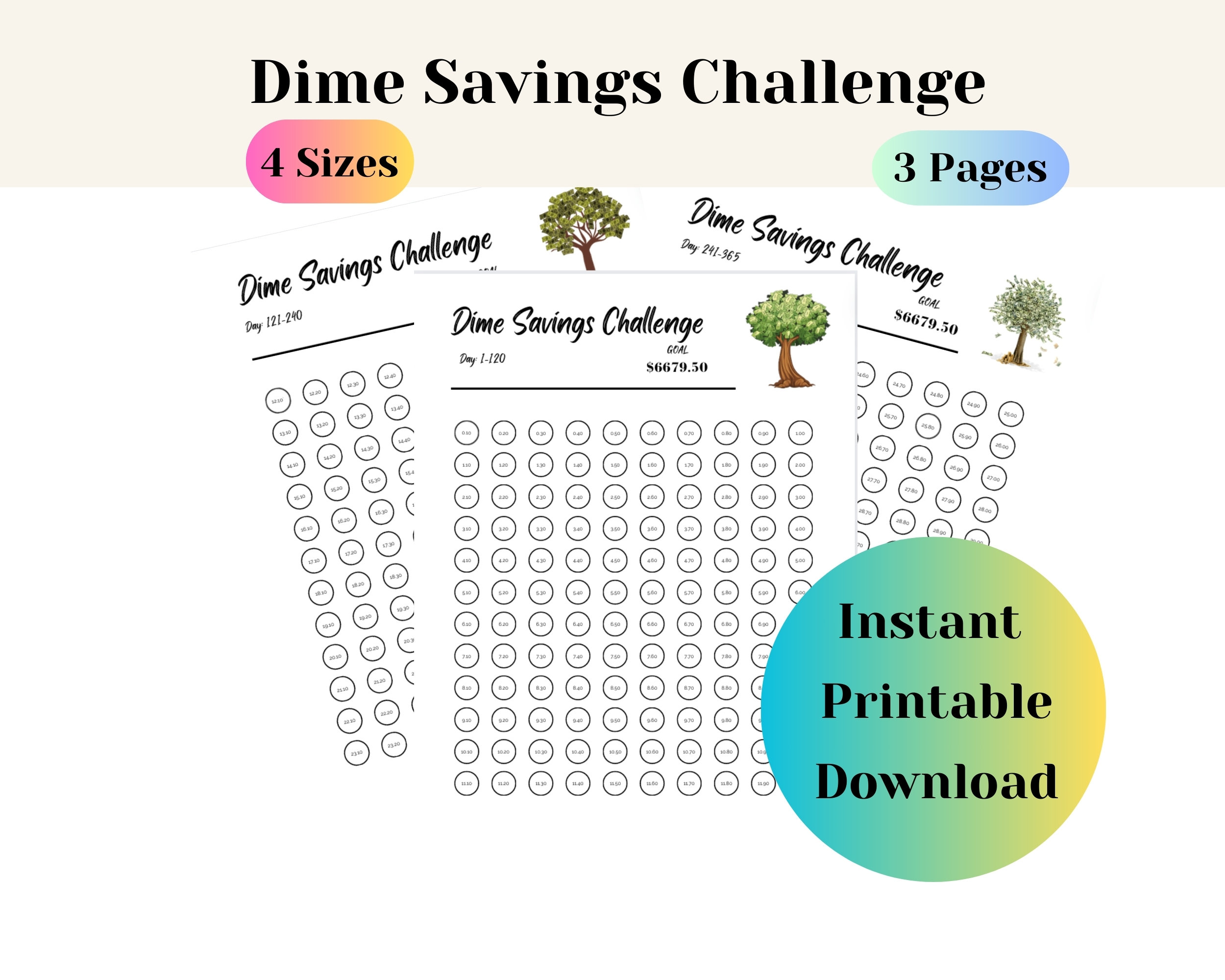 Dime Savings Challenge Tracker の印刷可能な PDF、即時ダウンロード、1 年間で 6679 ドル節約、US  レター、A4、A5、A6 の 4 つのサイズ。 - Etsy 日本