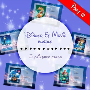 May include: A set of five printable Disney Dinner & Movie cards. The cards showcase film posters for Tarzan, Soul, Peter Pan, Wall-E, and The Little Mermaid. The cards are set against a blue backdrop with a central white circle.