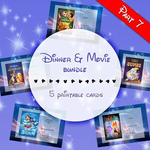 Peut inclure: Cinq cartes imprimables mettant en scène des personnages de films Disney et des idées de menus de dîner. Les cartes sont décorées de feux d'artifice et d'une silhouette de château. Le texte sur les cartes indique "Dinner & Movie Bundle" et "5 Printable Cards".