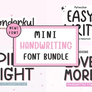 Puede incluir: Gráfico rosa y blanco que promociona un mini paquete de fuentes de escritura a mano. El texto incluye "Wonderkul", "Easy Write", "Pii Light" y "Love More". Las palabras están en estilo manuscrito, con un fondo rosa claro.