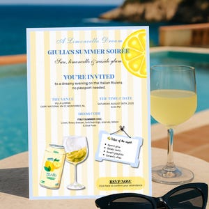 Editable Mediterranean Lemon Birthday Invitation – Amalfi Coast Canva Template – Blue Tiles Summer Digital Download