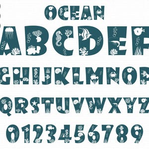 May include: Ocean themed alphabet and numbers with white letters and numbers on a teal blue background. The letters and numbers are decorated with sea life such as seahorses, jellyfish, starfish, seashells, and fish.