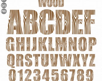 May include: A wood grain alphabet font with uppercase letters, numbers, and the word "WOOD" at the top.