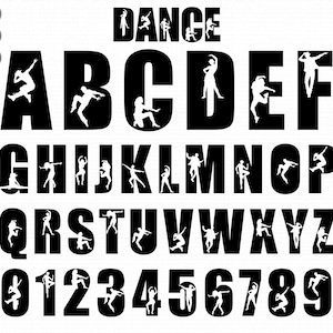 May include: Black alphabet and number set with dancing figures incorporated into the design. The word "DANCE" is at the top. The letters and numbers are in a bold, sans-serif font, with white silhouettes of dancers inside.