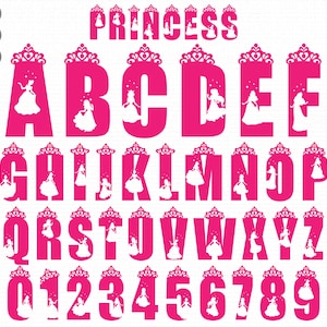 May include: A pink princess-themed alphabet and number set. Each letter and number features a princess silhouette and a crown design. The word "PRINCESS" is displayed above the alphabet. This design is suitable for crafting and personalized projects.