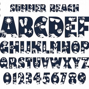 May include: Summer Beach alphabet and numbers in a navy blue font with white summer-themed icons. The letters and numbers are uppercase and outlined in white.