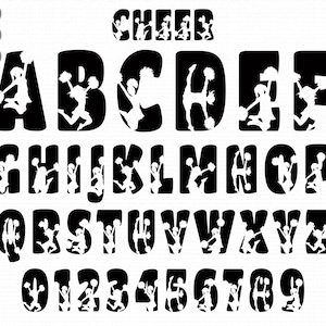 Op de afbeelding: Zwart-wit silhouet alfabet met cheerleaders die de letters A tot en met Z en de cijfers 0 tot en met 9 vormen. Het woord "CHEER" staat bovenaan de afbeelding.