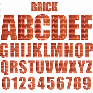 May include: A full alphabet and number set in a brick-style font. The letters and numbers are a reddish-brown color, designed to resemble a brick wall. The word "BRICK" is at the top. The background is white.
