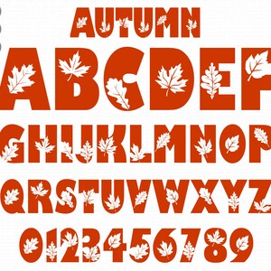 May include: Orange alphabet letters with white autumn leaves. The letters are uppercase and include numbers 0-9. The word "AUTUMN" is at the top of the image.