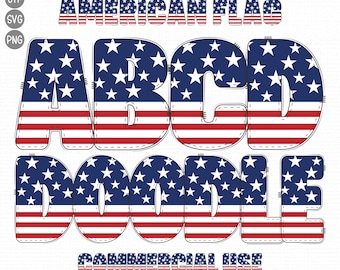 Amerikanische Flagge Doodle Schrift SVG & PNG: Vaterländisches Alphabet, Zahlen (Digitaler Download)