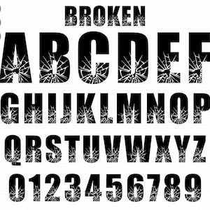 May include: Black, bold, cracked font set with the word "BROKEN" at the top. The letters A through Z and numbers 0 through 9 are displayed. The font has a shattered glass effect, creating a distressed look.