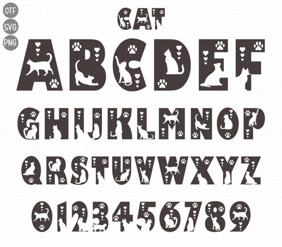 猫のアルファベットフォント、SVG、PNG、OTF（デジタルダウンロード