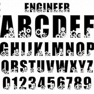 Könnte beinhalten: Schwarz-weißes Alphabet und Zahlen mit dem Thema Ingenieurwesen. Jeder Buchstabe und jede Zahl ist mit Zahnrädern und Werkzeugen gefüllt. Das Wort "ENGINEER" steht oben. Enthält die Buchstaben A bis Z und die Zahlen 0 bis 9.