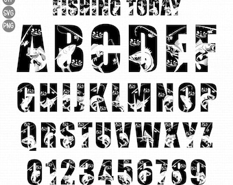 May include: Black and white alphabet and number set with fishing-themed illustrations. Each letter and number features a fish, fishing rod, and water ripples. The words "FISHING TODAY" are at the top.