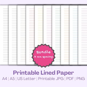 Könnte beinhalten: Ein Bündel bedruckbarer, liniertes Papier in verschiedenen Farben, darunter Schwarz, Rot, Gelb, Grün, Blau und Braun. Das Papier ist in den Formaten A4, A5 und US Letter verfügbar. Die Linien haben einen Abstand von 8 mm. Bundle, 8 mm spacing, Printable Lined Paper, A4, A5, US Letter, Printable JPG, PDF, PNG