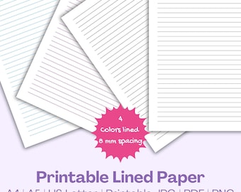 Printable Lined Writing Paper, Blue Purple Black Grey, A4 A5 US Letter (Instant Download)