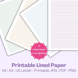 Papel pautado para impressão, papel para anotações, | Verde, laranja, azul, roxo pautado | espaçamento de 6 mm | A4, A5, US Letter | Download instantâneo