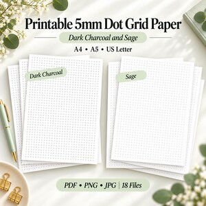 Utskrivbart 5 mm punktpapper, mörkt kol och salvia, digitalt anteckningspapper för studier, planering och dagbok, A4 A5 US Letter