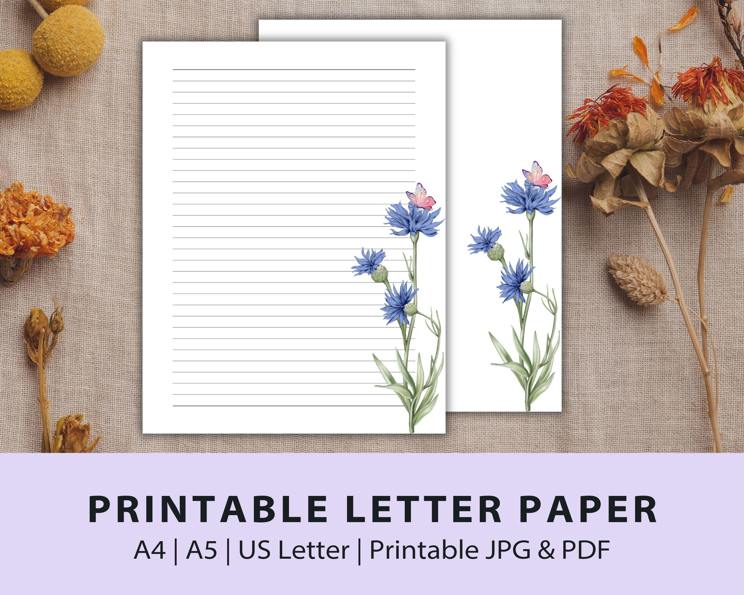 Printable Letter Paper, Printable writing Paper, Floral Paper, Note Paper, Lined Paper, Unlined Paper, A5, A4, US Letter, JPG and PDF Files