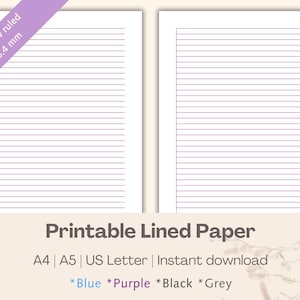 Könnte beinhalten: Zwei Blätter weißes liniertes Papier mit lila Linien. Unter dem Papier steht der Text "Printable Lined Paper" mit Größen- und Farbauswahl. Das Papier hat schmale Linien im Abstand von 6,4 mm.