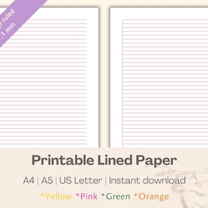 May include: Printable lined paper in A4, A5, and US Letter sizes. The paper has 7.1 mm college ruled lines in pink. The text on the image reads "Printable Lined Paper" and "A4 | A5 | US Letter | Instant download *Yellow *Pink *Green *Orange".