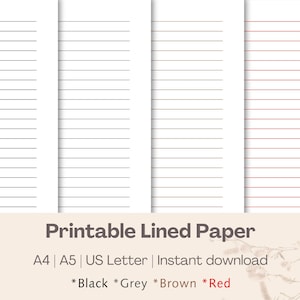 Printable Lined Paper – 10mm Spacing – A4 A5 US Letter – Black Grey Brown Red Lines – Writing Paper, Journaling – Instant Download