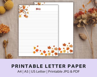 Printable Autumn Letter Paper,  Autumn Writing Paper, Printable Stationery, Letter Paper, Lined Paper, Unlined Sheet, Fall Paper