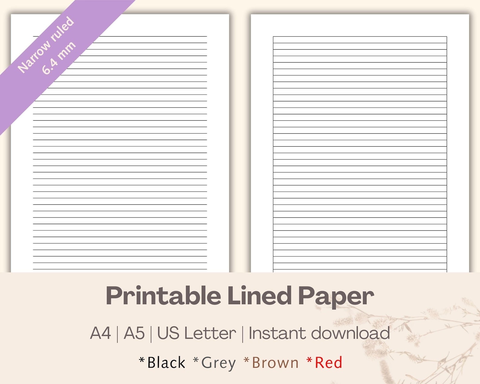 Note Paper Narrow Printable Lined Paper 6.4mm | Narrow Ruled | Black, Grey, Brown, Red ...