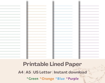 Afdrukbaar gelinieerd papier – 10 mm tussenruimte – A4 A5 US Letter – groenoranje blauwpaarse lijnen – briefpapier, logboek, – direct downloaden