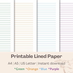 Op de afbeelding: Printbaar gestreept papier in vier kleuren: groen, oranje, blauw en paars. Het papier is verkrijgbaar in de formaten A4, A5 en US Letter. De tekst op de afbeelding luidt: "Printable Lined Paper" en "A4 | A5 | US Letter | Direct downloaden *Groen *Oranje *Blauw *Paars"