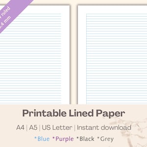 Printable Lined Paper 6.4mm | Narrow Ruled | Blue, Purple, Black, Grey | A4 A5 US Letter | Printable Notes | Printable Stationery | Notes